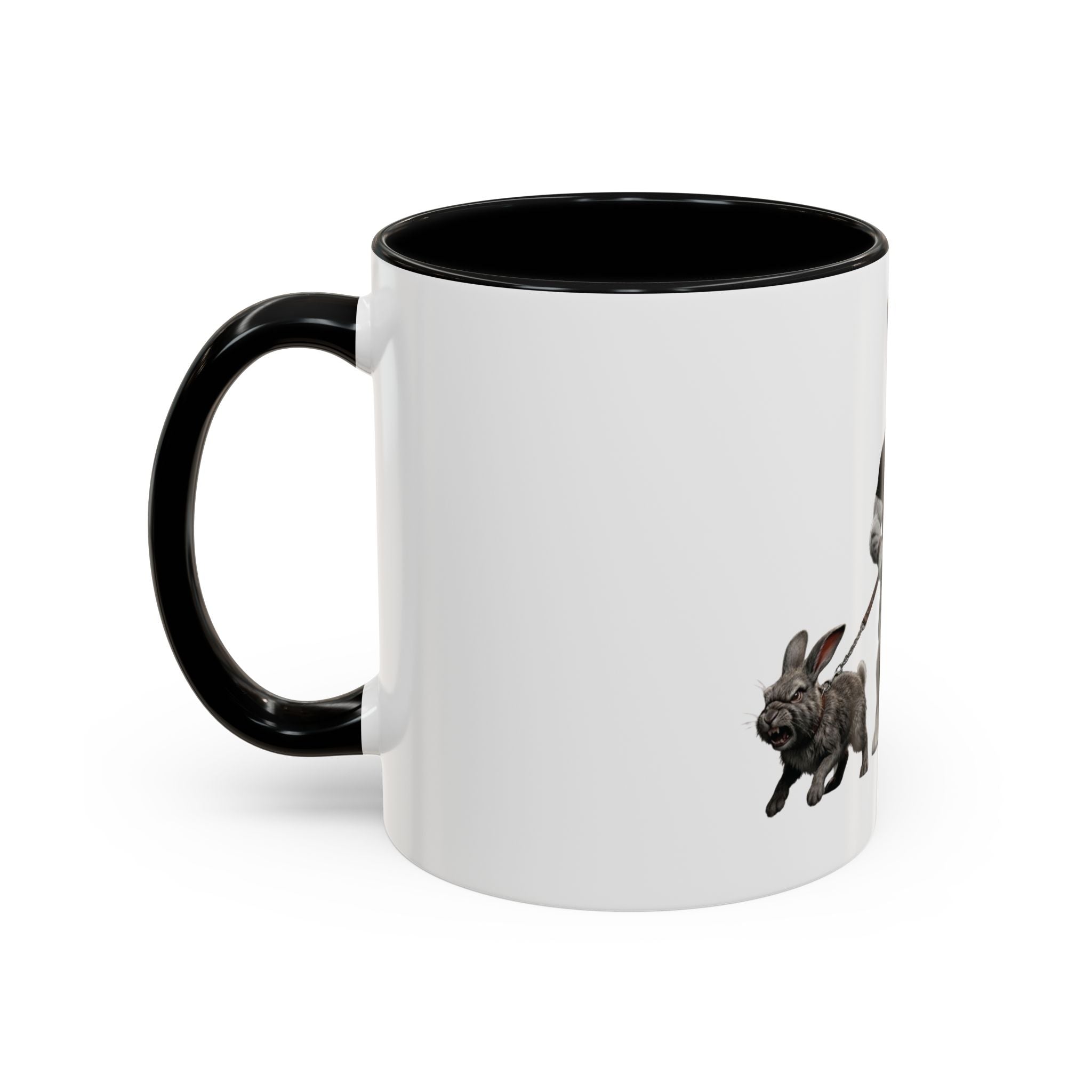 Rabbit Walker Coffee Mug — Whimsical Bunny with Dogs Accent Mug