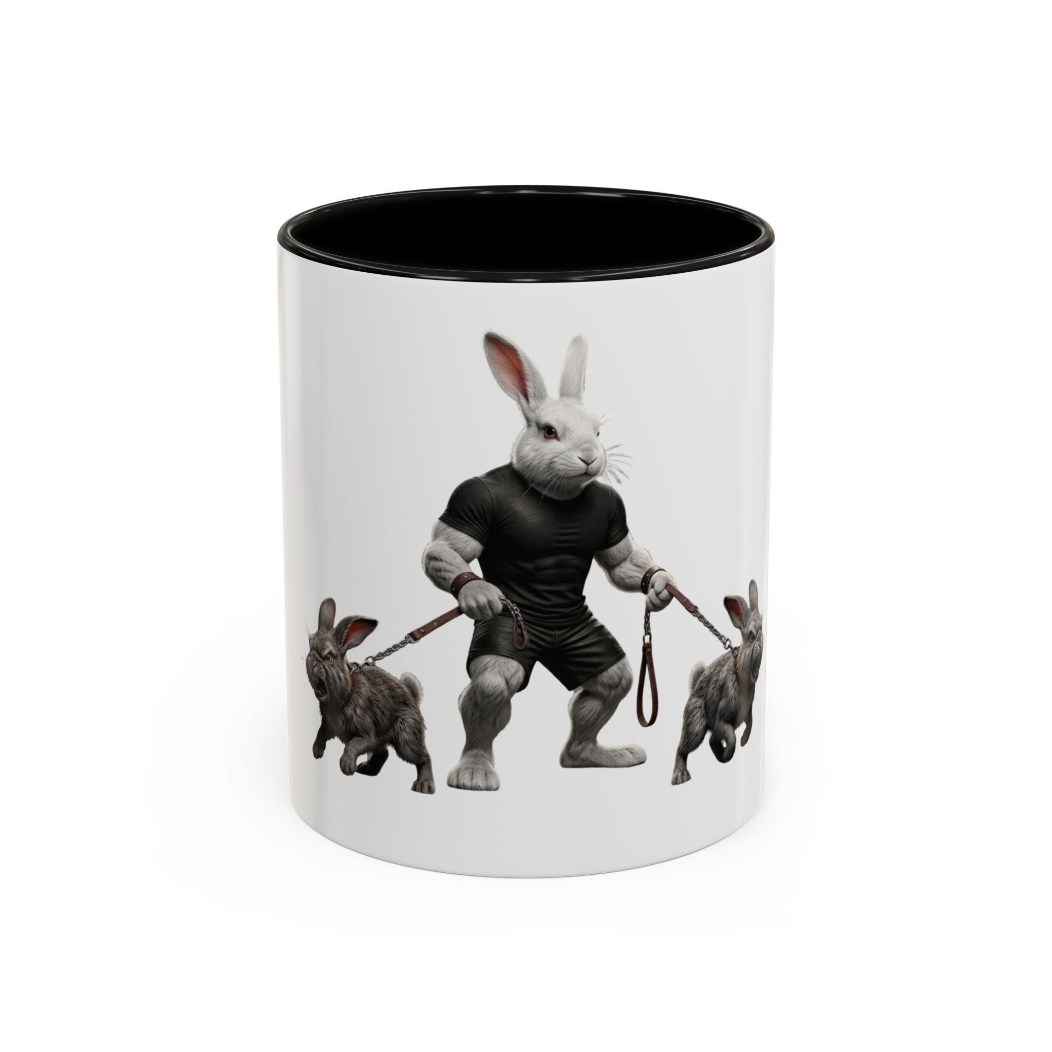 Rabbit Walker Coffee Mug — Whimsical Bunny with Dogs Accent Mug