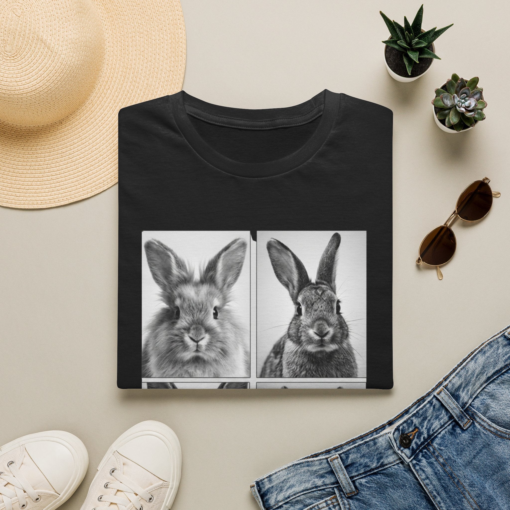Rabbit Portrait T‑Shirt — Black & White Bunny Photo Grid Tee