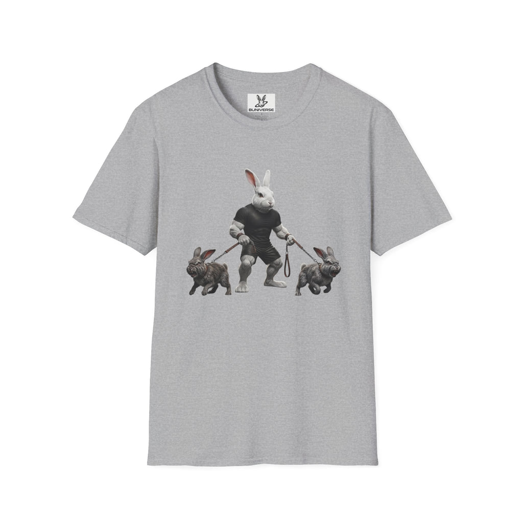 Bunny Dog Walker T-Shirt — Rabbit Leash Crew Graphic Tee