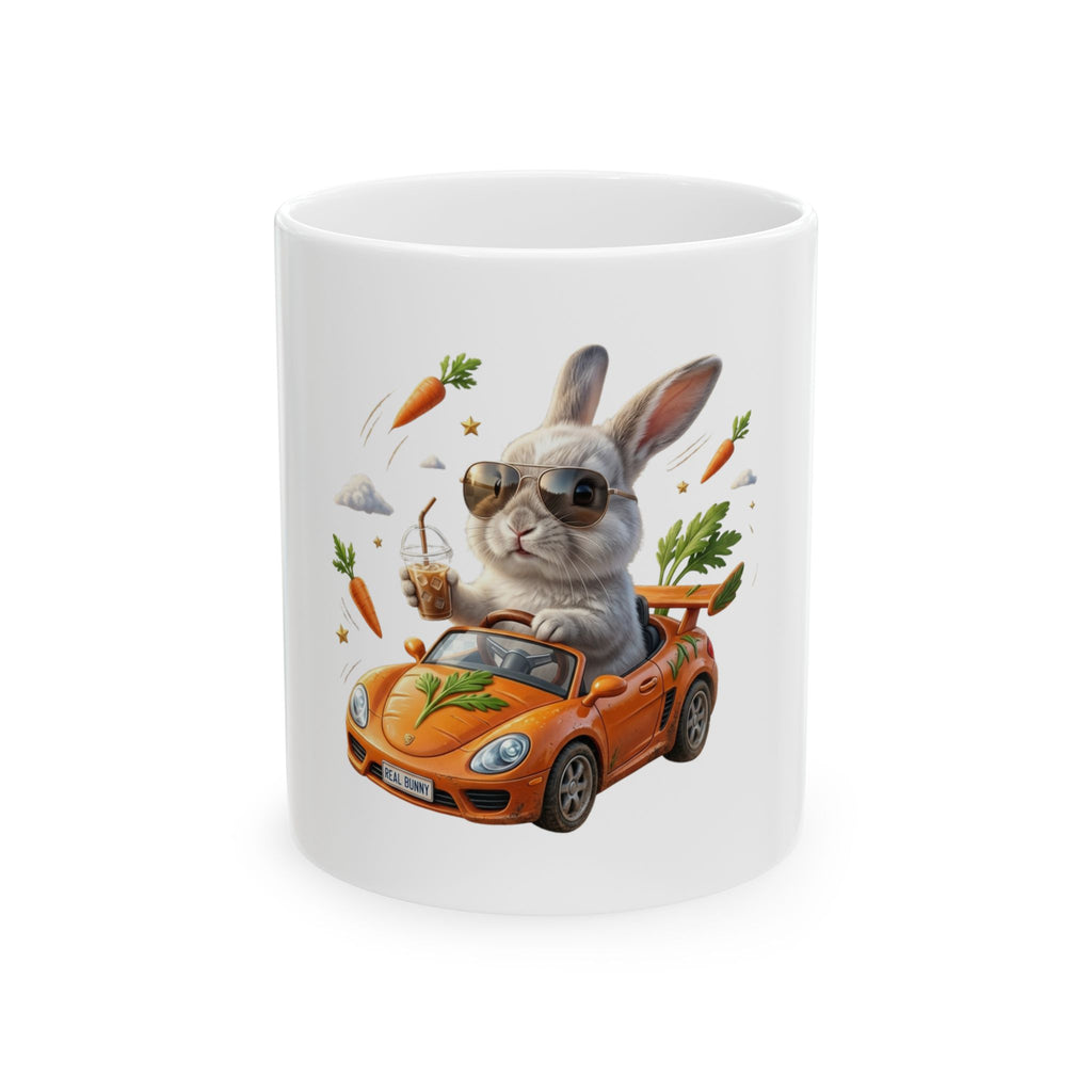 Bunny Driver Ceramic Mug — Cute Rabbit in Car with Carrots (11oz & 15oz)