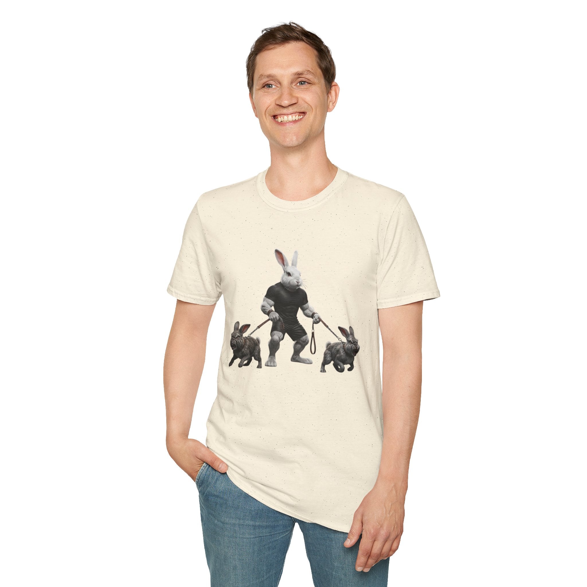 Bunny Dog Walker T-Shirt — Rabbit Leash Crew Graphic Tee