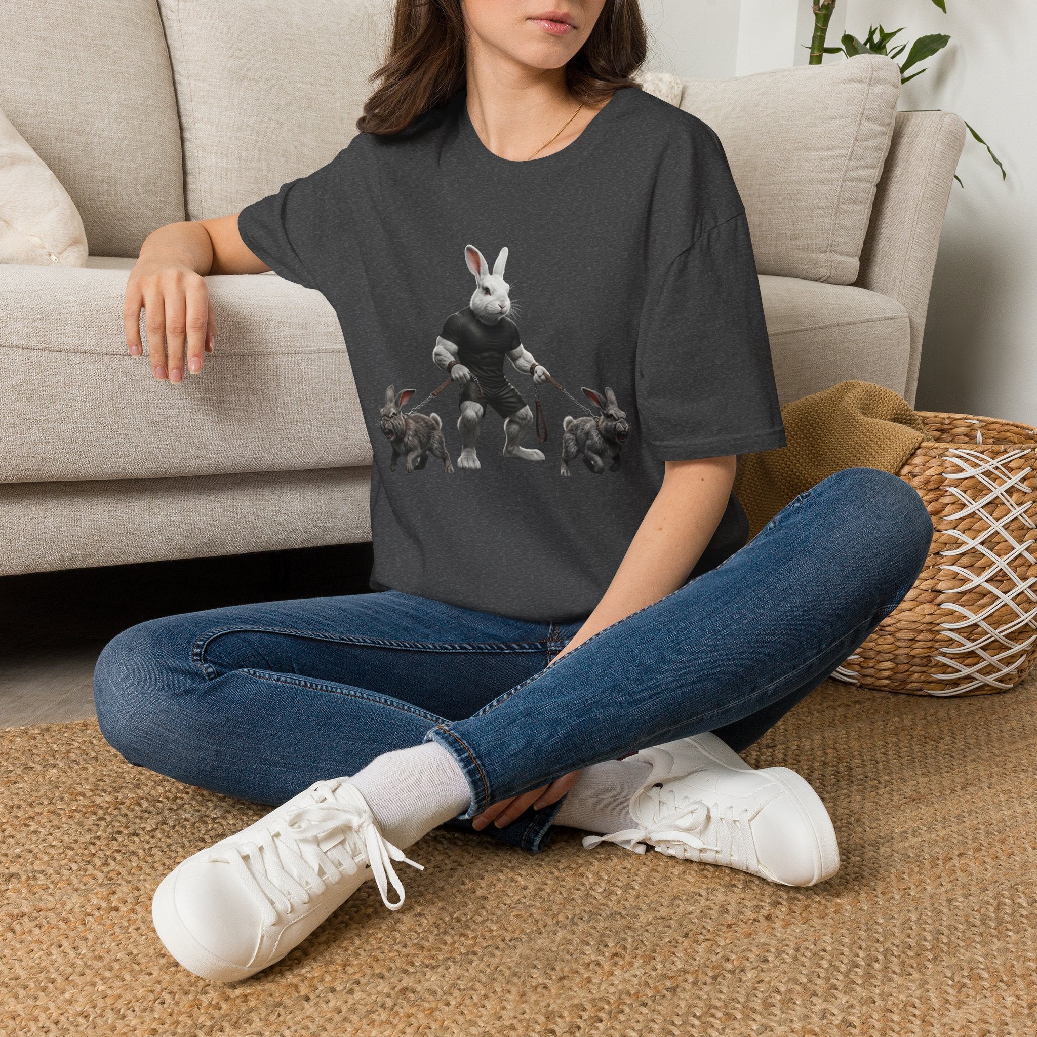 Bunny Dog Walker T-Shirt — Rabbit Leash Crew Graphic Tee