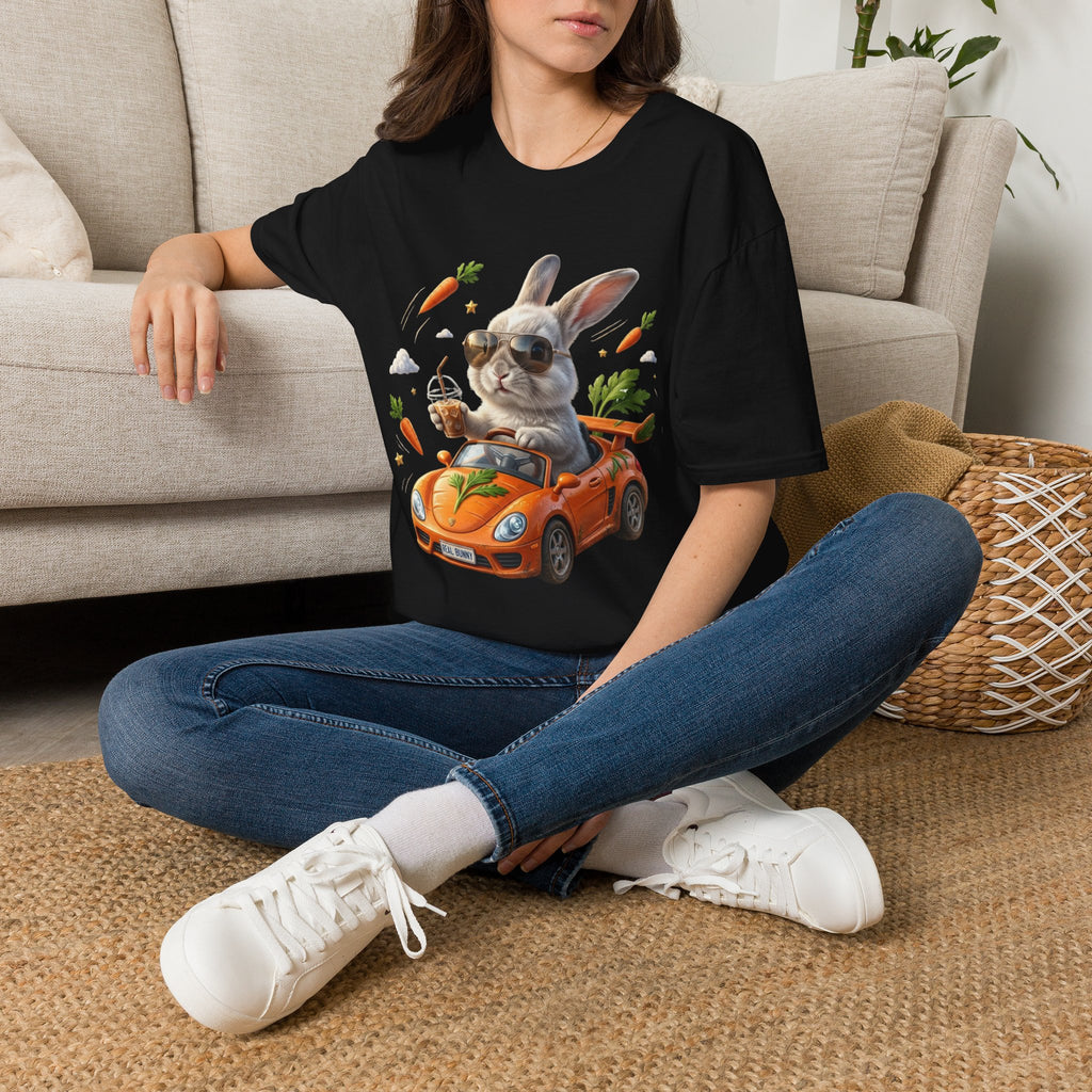 Bunny Driver T-Shirt — Cool Sunglasses Rabbit with Car & Carrots Graphic