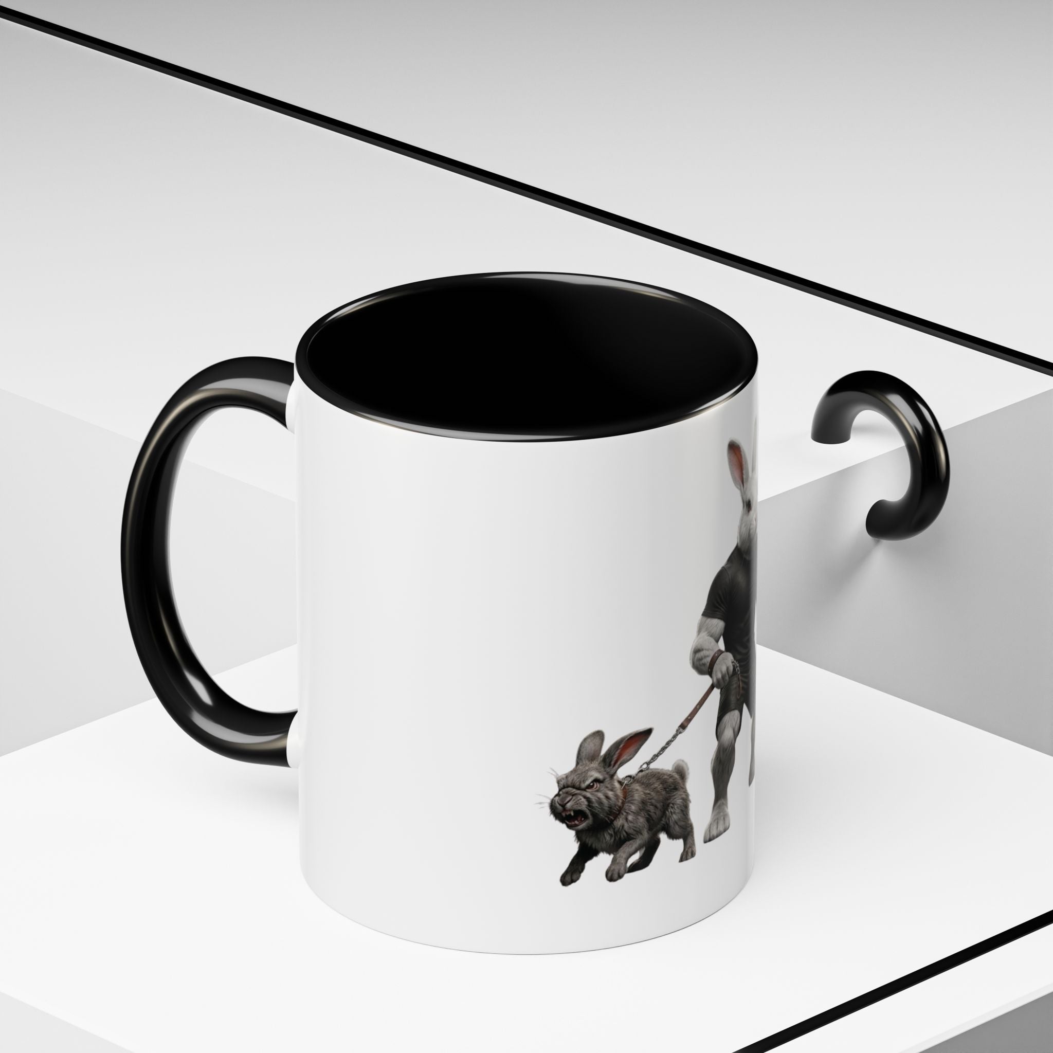 Rabbit Walker Coffee Mug — Whimsical Bunny with Dogs Accent Mug