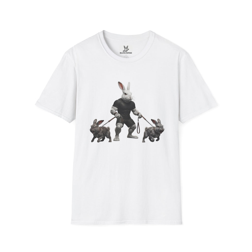 Bunny Dog Walker T-Shirt — Rabbit Leash Crew Graphic Tee