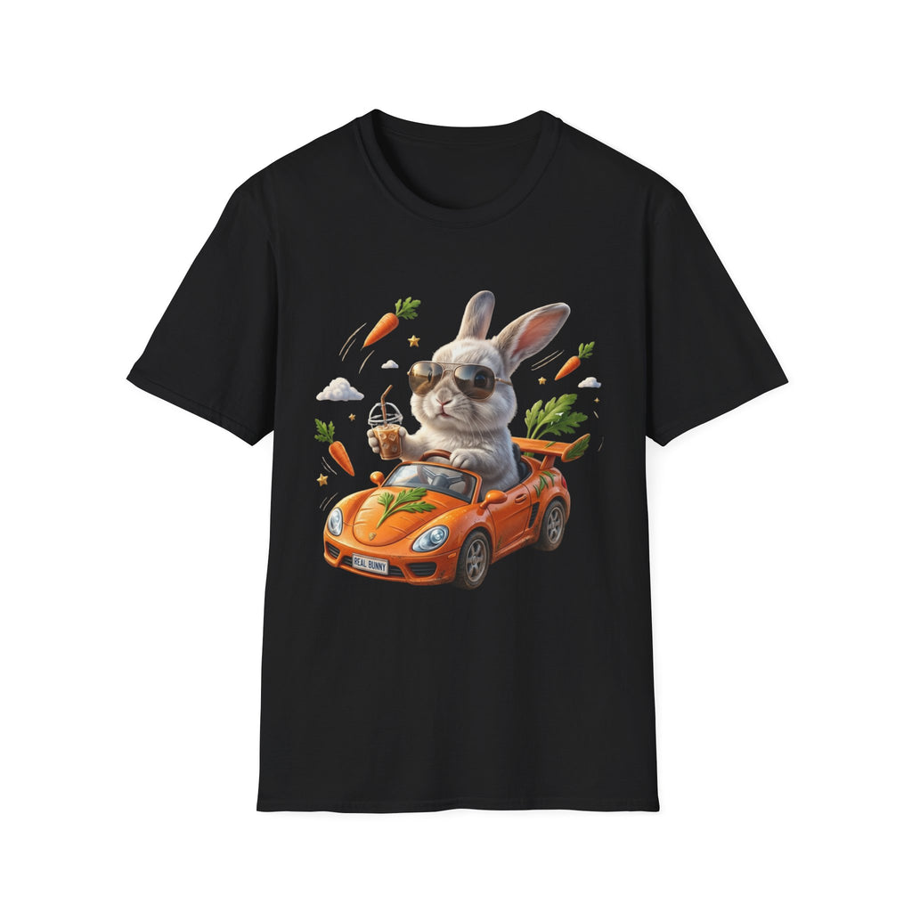Bunny Driver T-Shirt — Cool Sunglasses Rabbit with Car & Carrots Graphic