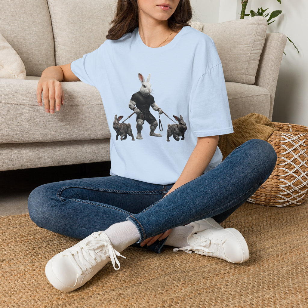 Bunny Dog Walker T-Shirt — Rabbit Leash Crew Graphic Tee