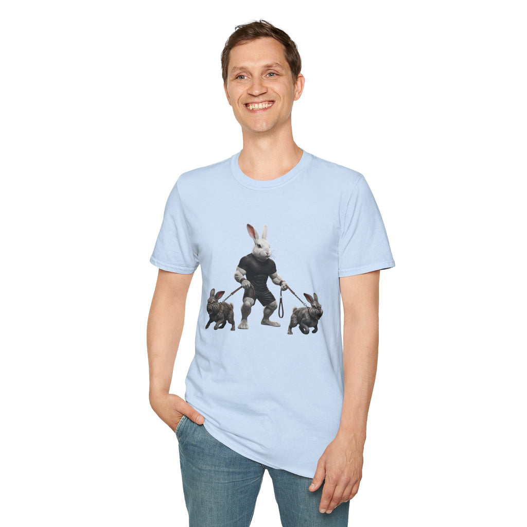 Bunny Dog Walker T-Shirt — Rabbit Leash Crew Graphic Tee