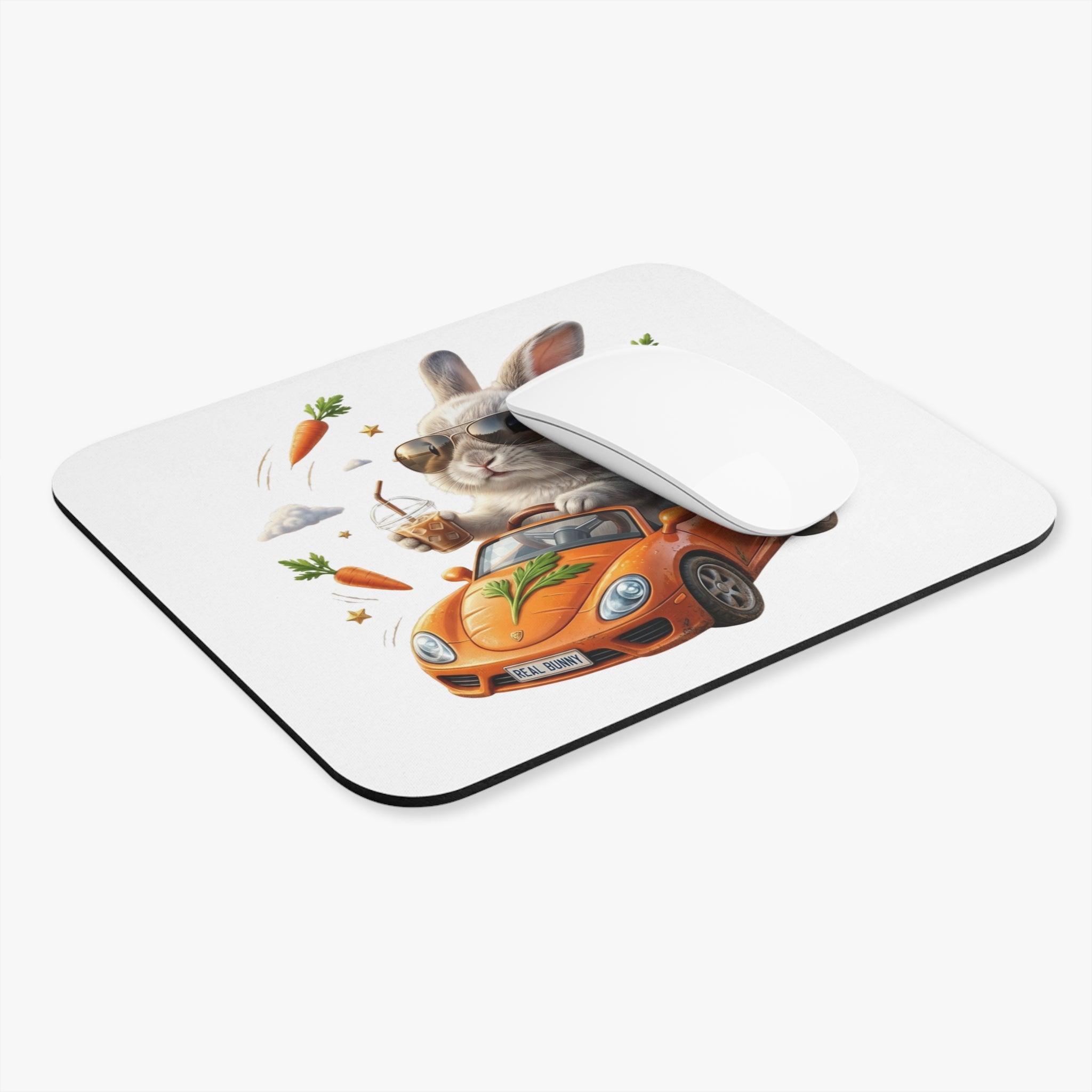 Cool Bunny Driving Car Mouse Pad – Cute Rabbit with Sunglasses & Carrot Design