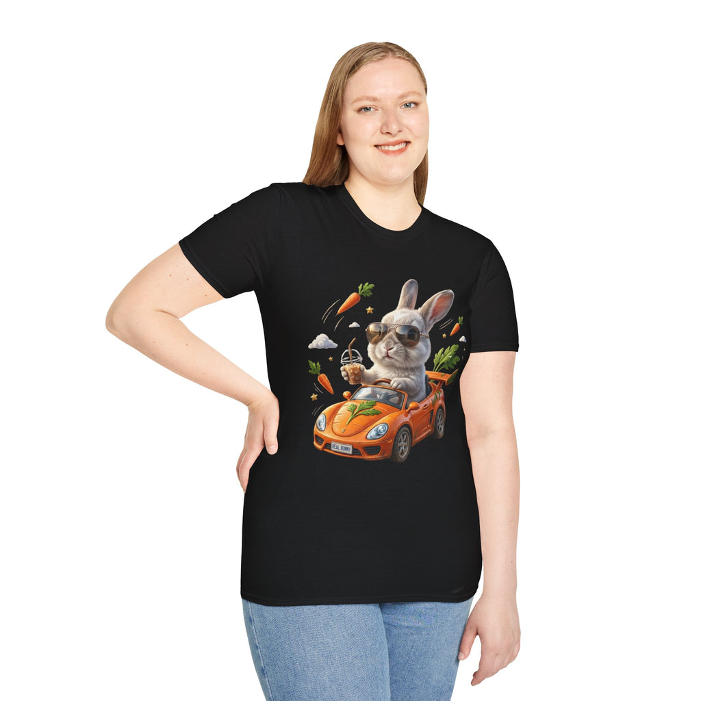 Bunny Driver T-Shirt — Cool Sunglasses Rabbit with Car & Carrots Graphic
