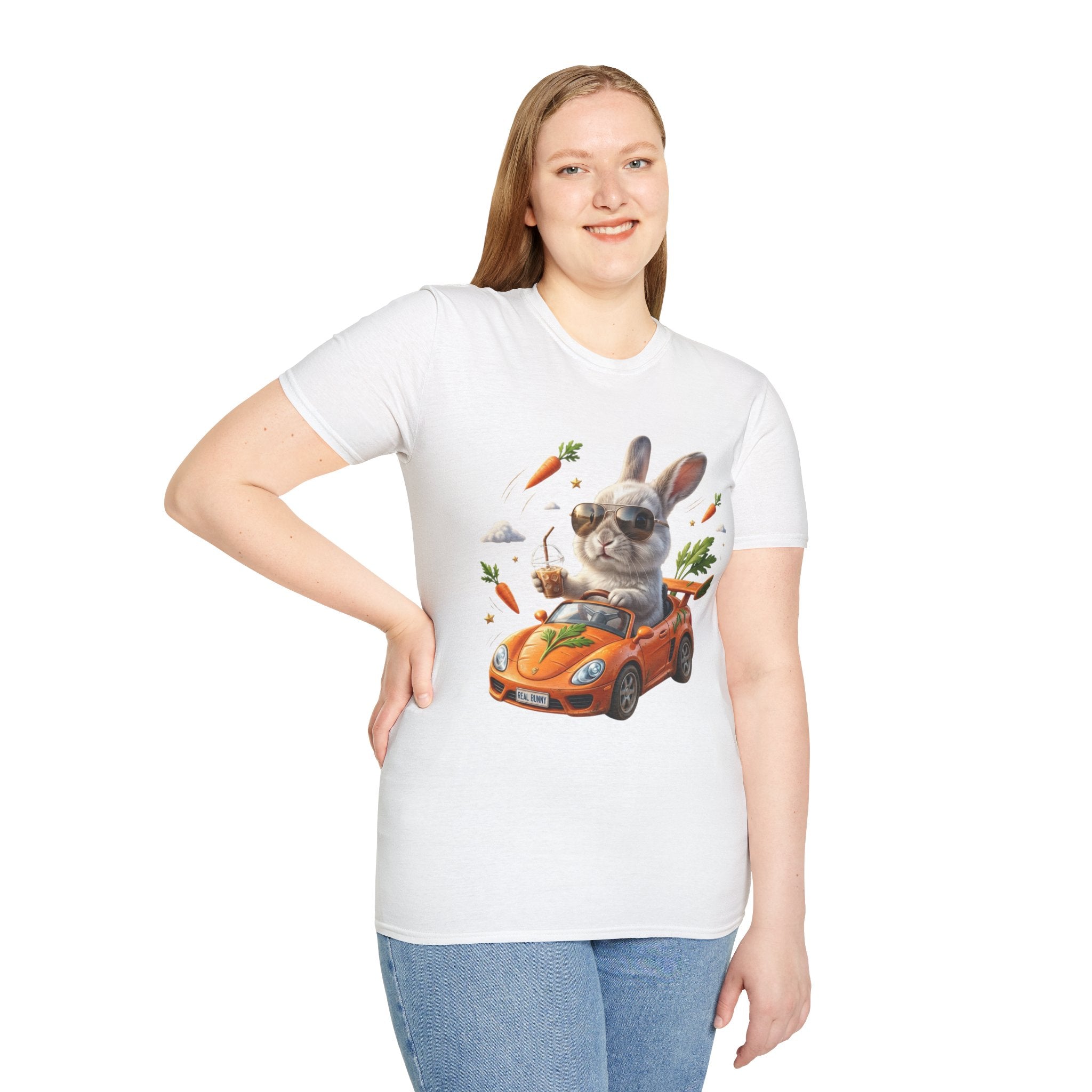 Bunny Driver T-Shirt — Cool Sunglasses Rabbit with Car & Carrots Graphic