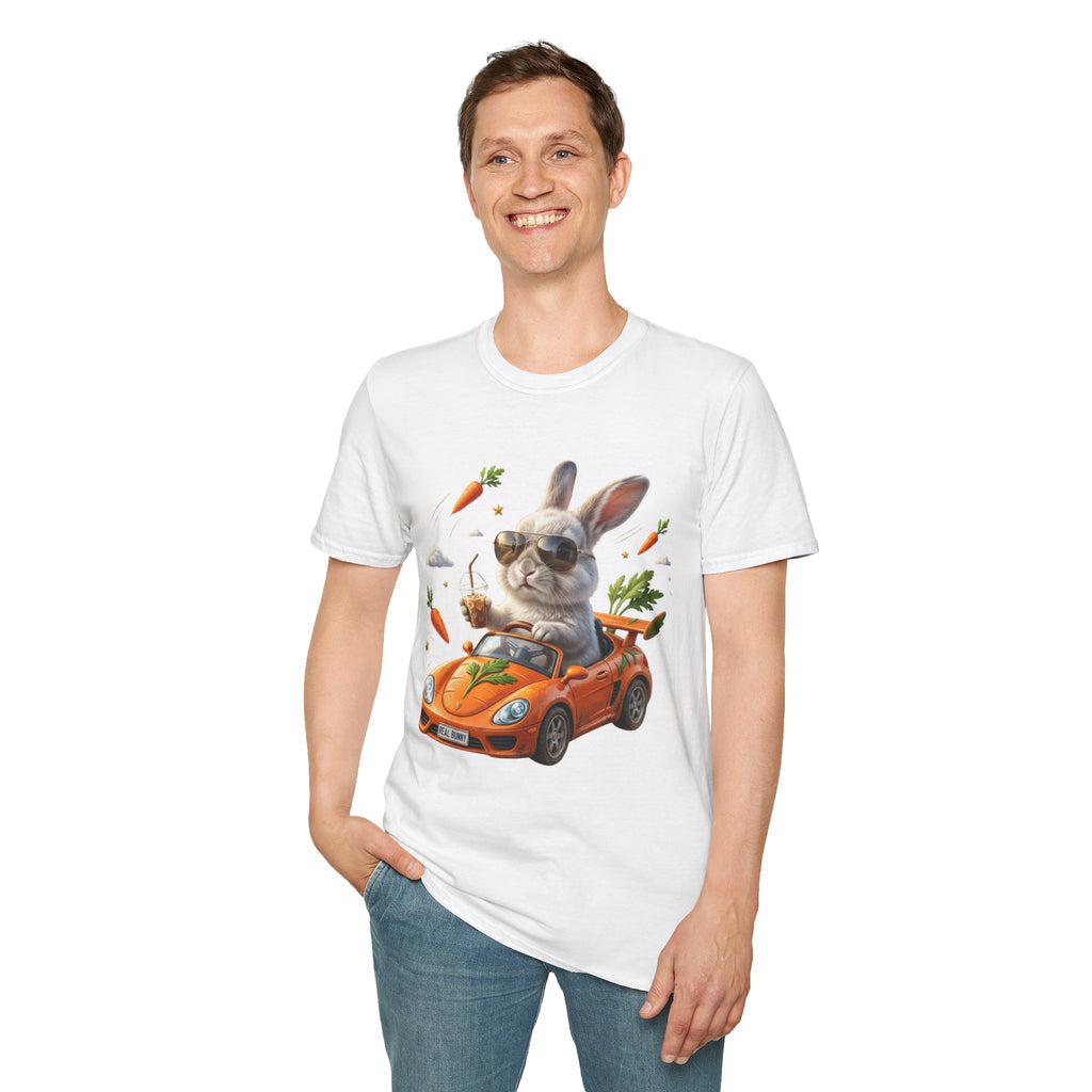 Bunny Driver T-Shirt — Cool Sunglasses Rabbit with Car & Carrots Graphic