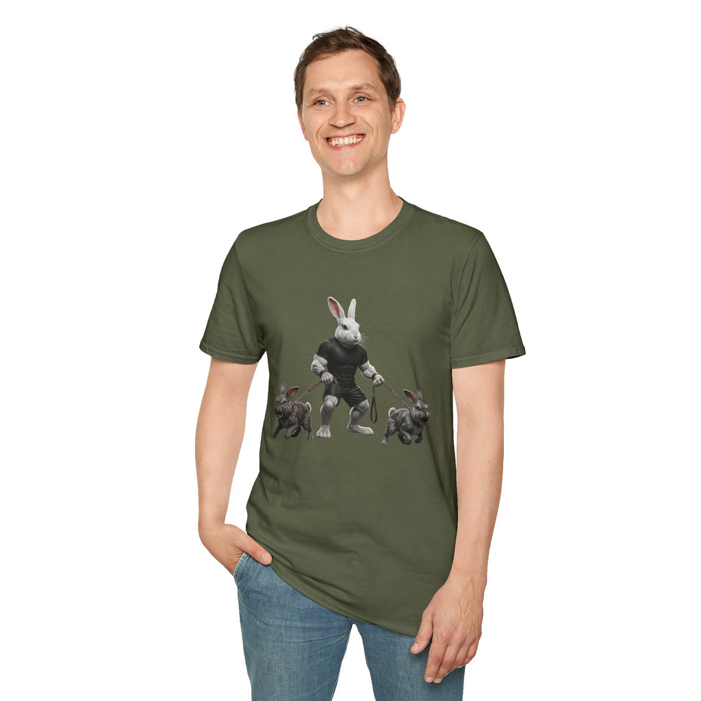 Bunny Dog Walker T-Shirt — Rabbit Leash Crew Graphic Tee