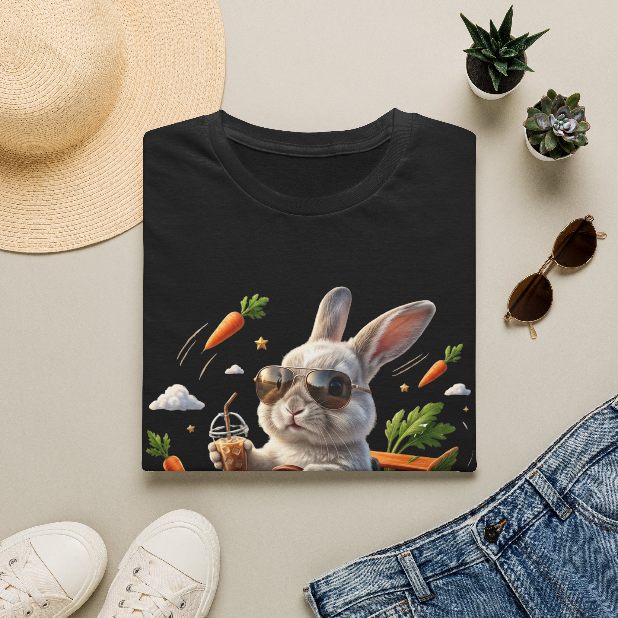 Bunny Driver T-Shirt — Cool Sunglasses Rabbit with Car & Carrots Graphic