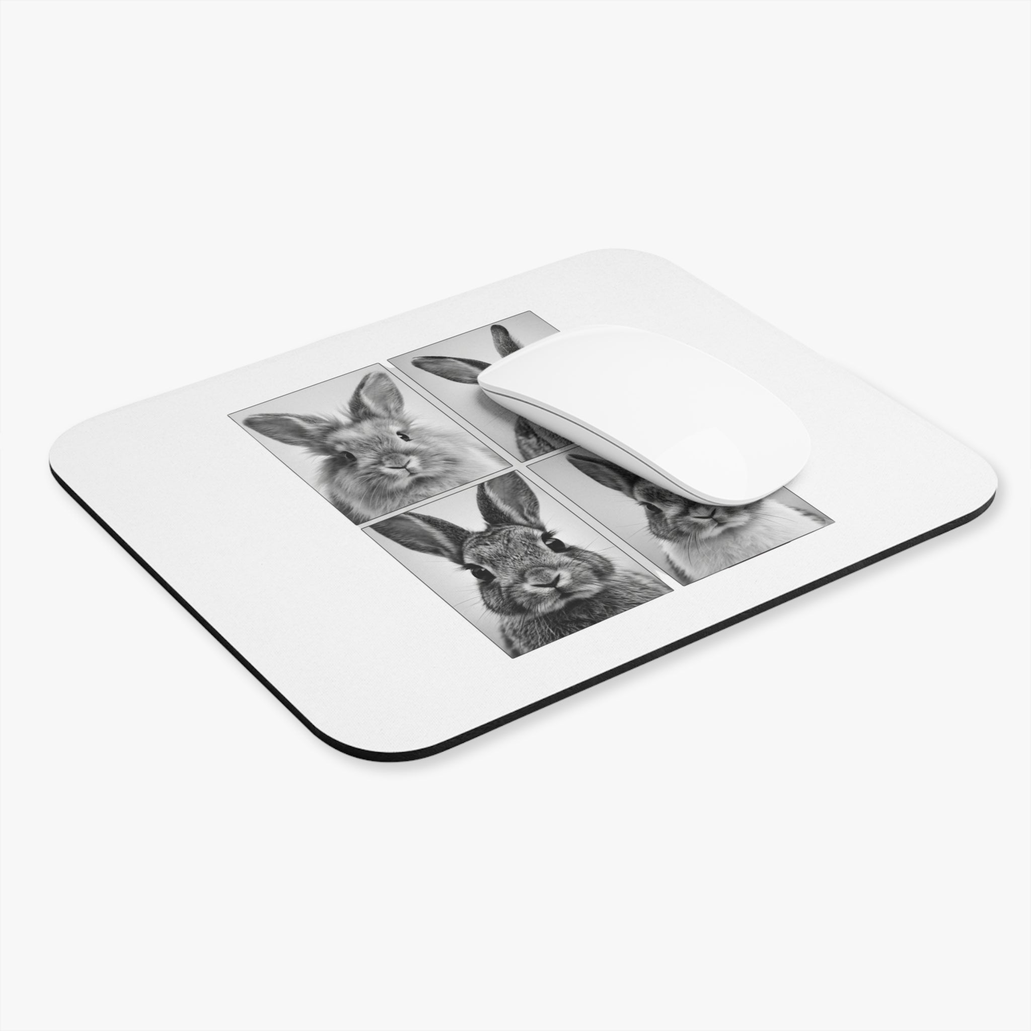Bunny Portraits Rectangle Mouse Pad — Black & White Rabbit Desk Mat