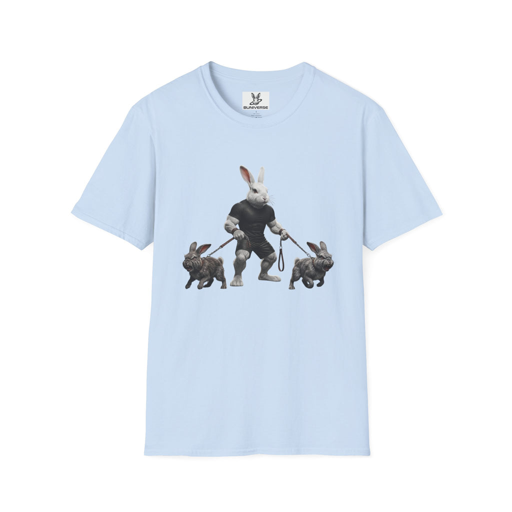 Bunny Dog Walker T-Shirt — Rabbit Leash Crew Graphic Tee