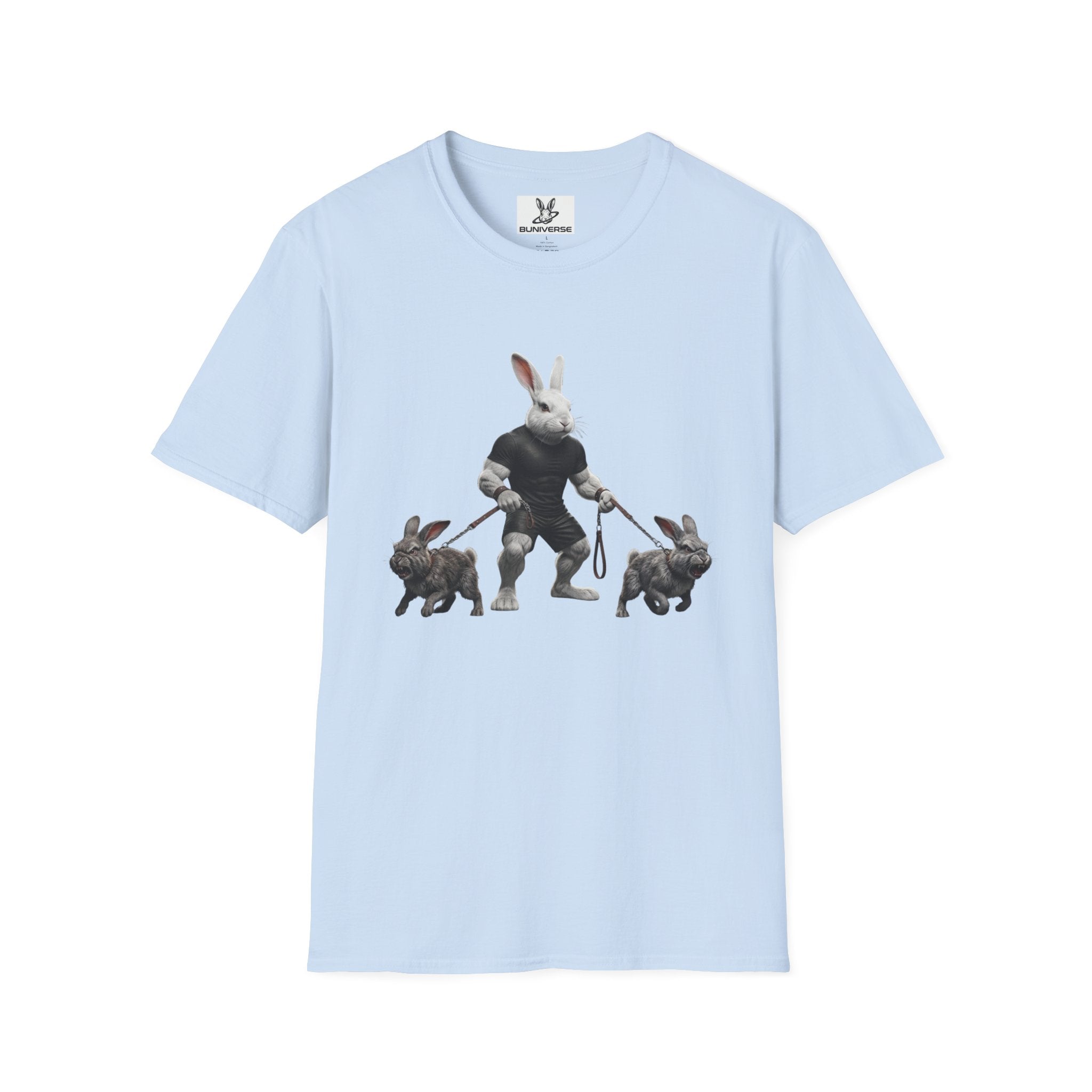 Bunny Dog Walker T-Shirt — Rabbit Leash Crew Graphic Tee