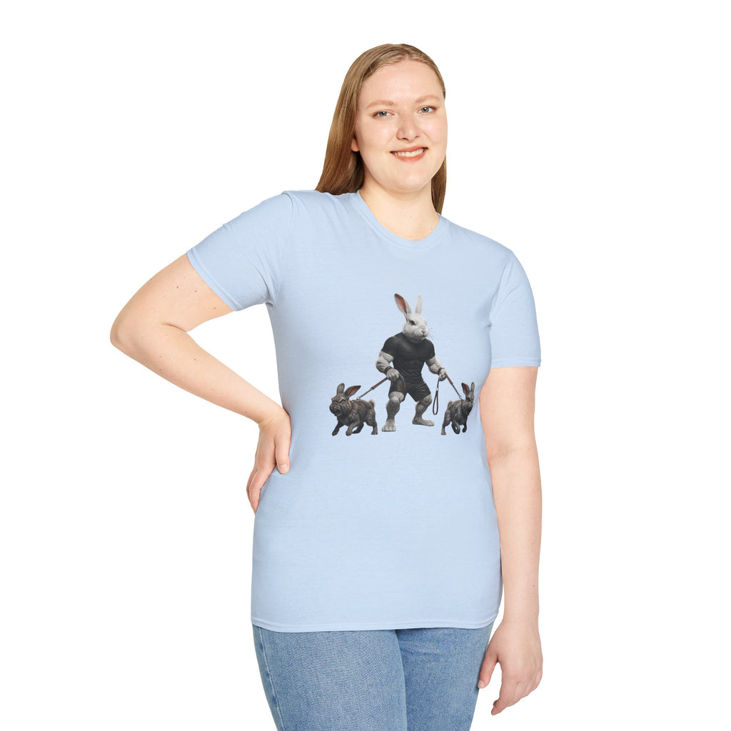 Bunny Dog Walker T-Shirt — Rabbit Leash Crew Graphic Tee