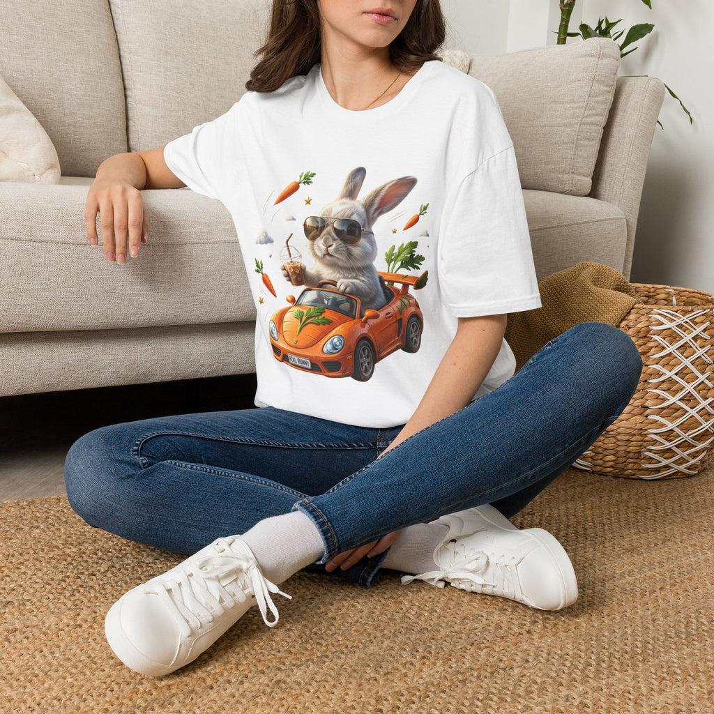 Bunny Driver T-Shirt — Cool Sunglasses Rabbit with Car & Carrots Graphic