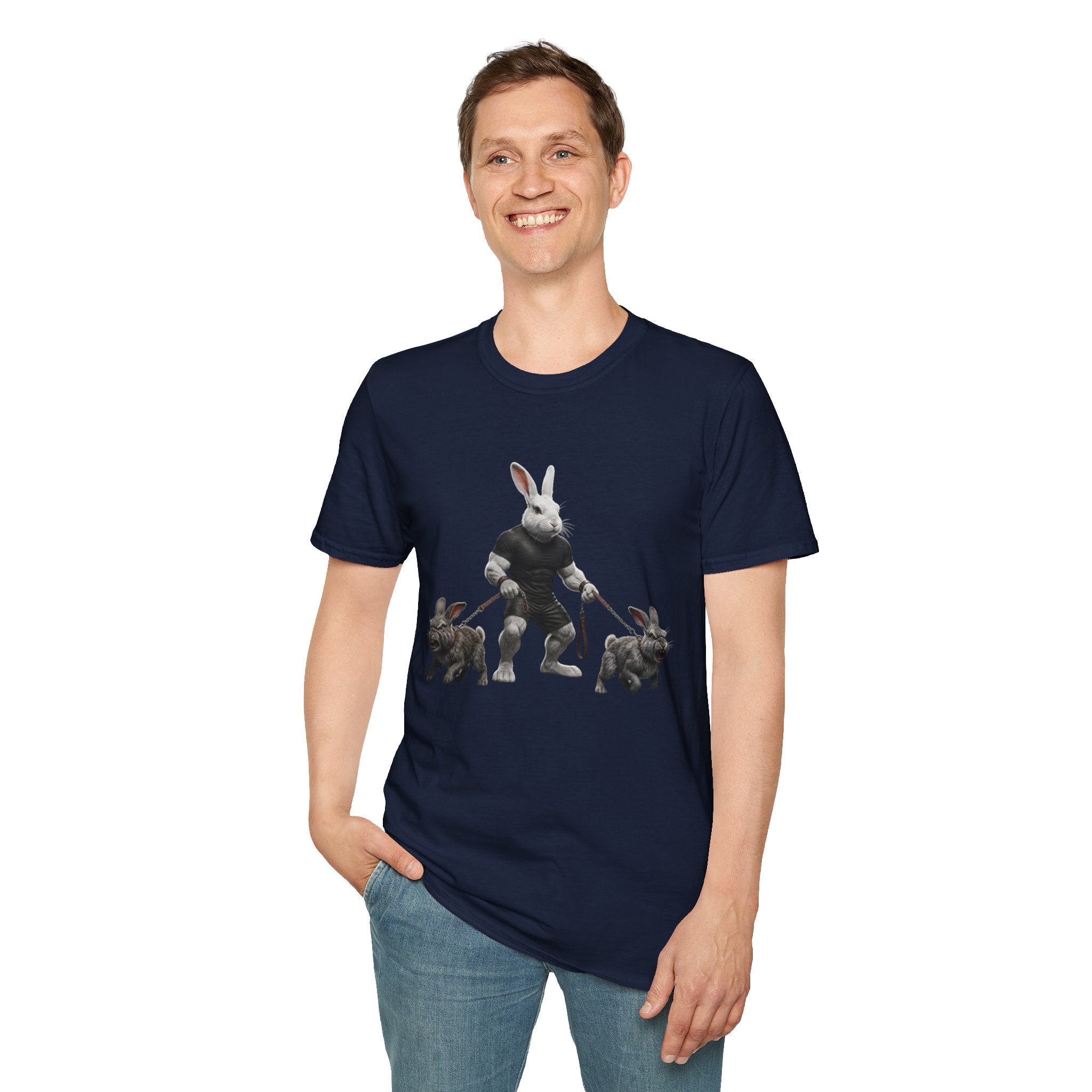 Bunny Dog Walker T-Shirt — Rabbit Leash Crew Graphic Tee