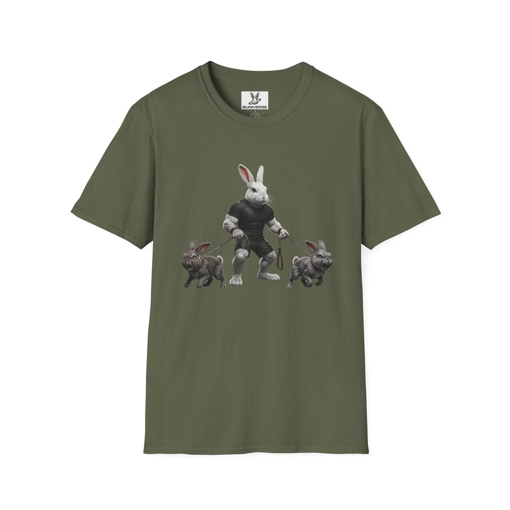 Bunny Dog Walker T-Shirt — Rabbit Leash Crew Graphic Tee