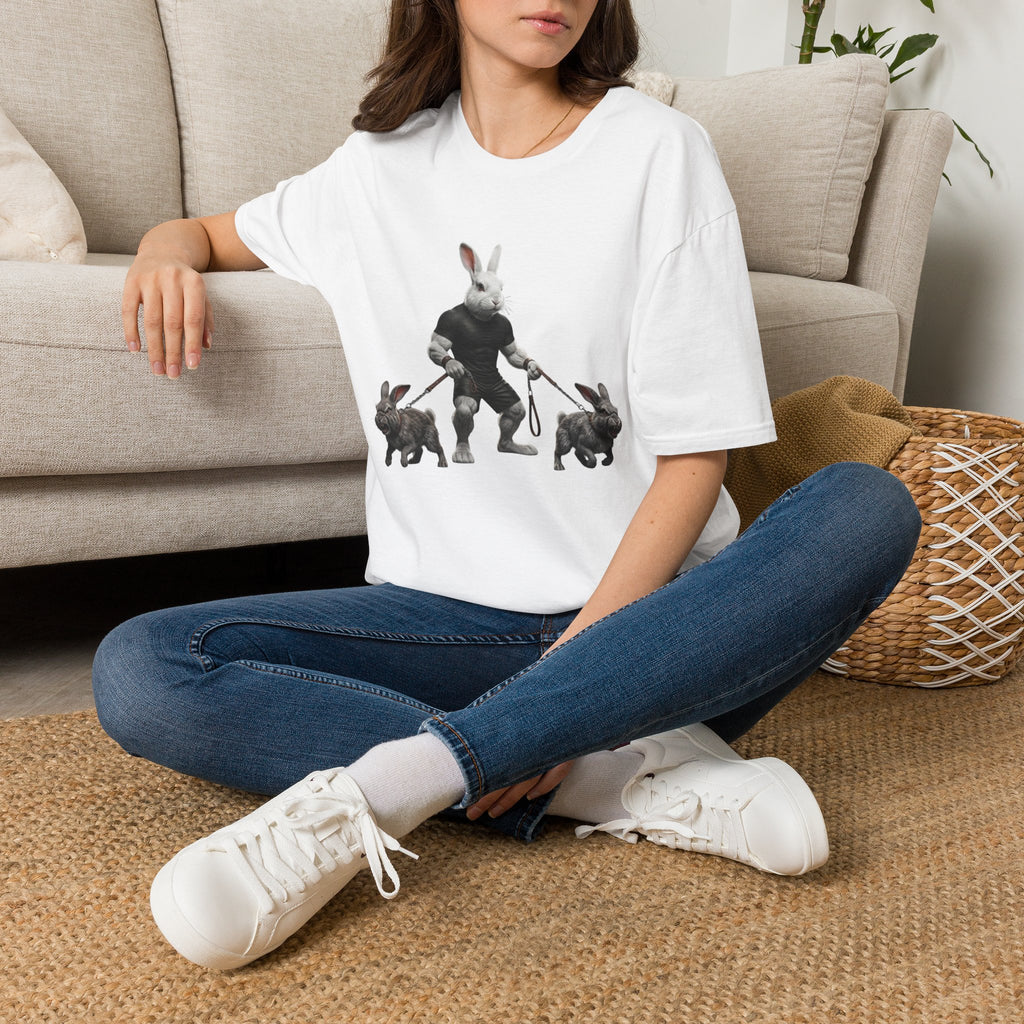 Bunny Dog Walker T-Shirt — Rabbit Leash Crew Graphic Tee
