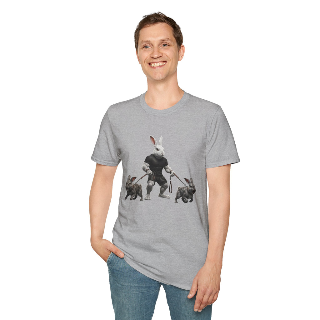 Bunny Dog Walker T-Shirt — Rabbit Leash Crew Graphic Tee