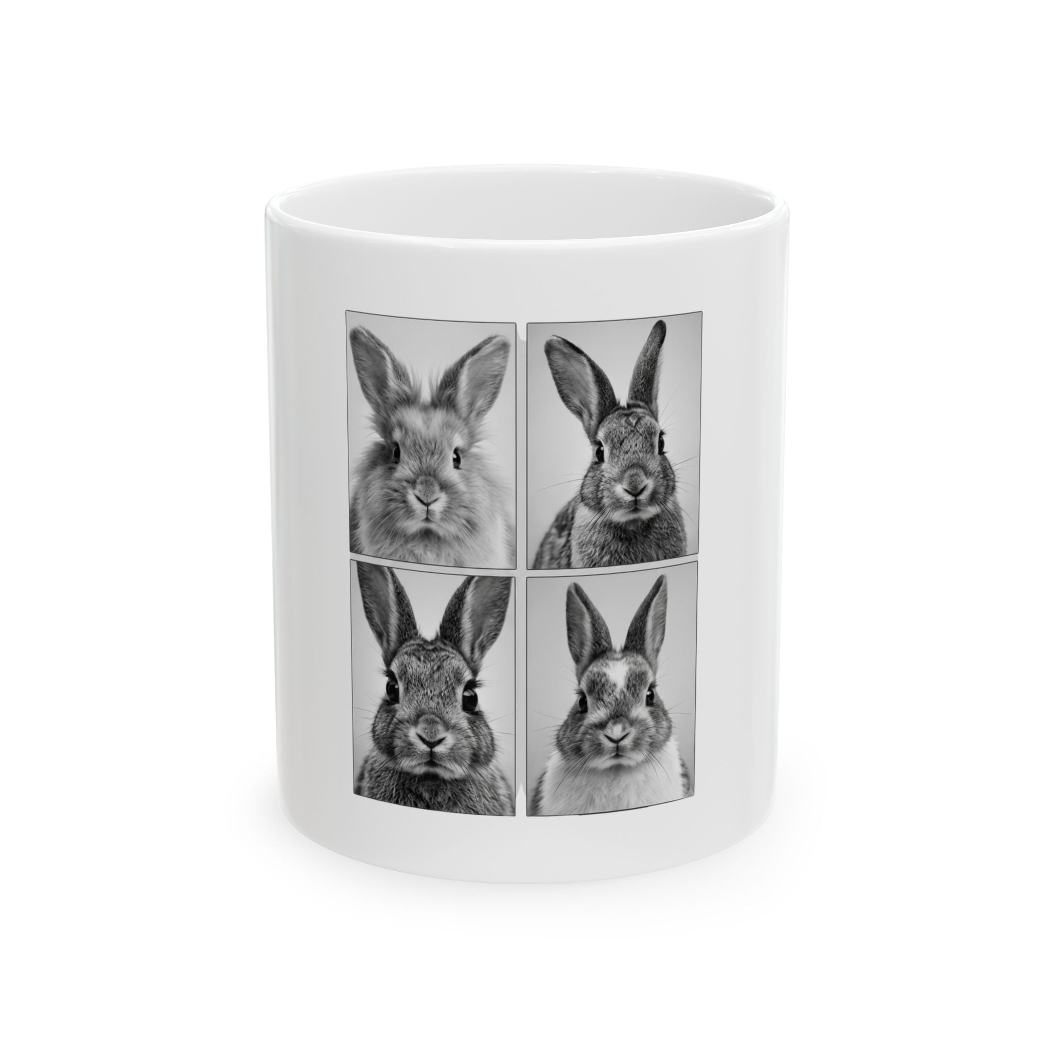 Bunny Portrait Ceramic Mug — Black & White Rabbit Collage (11oz/15oz)