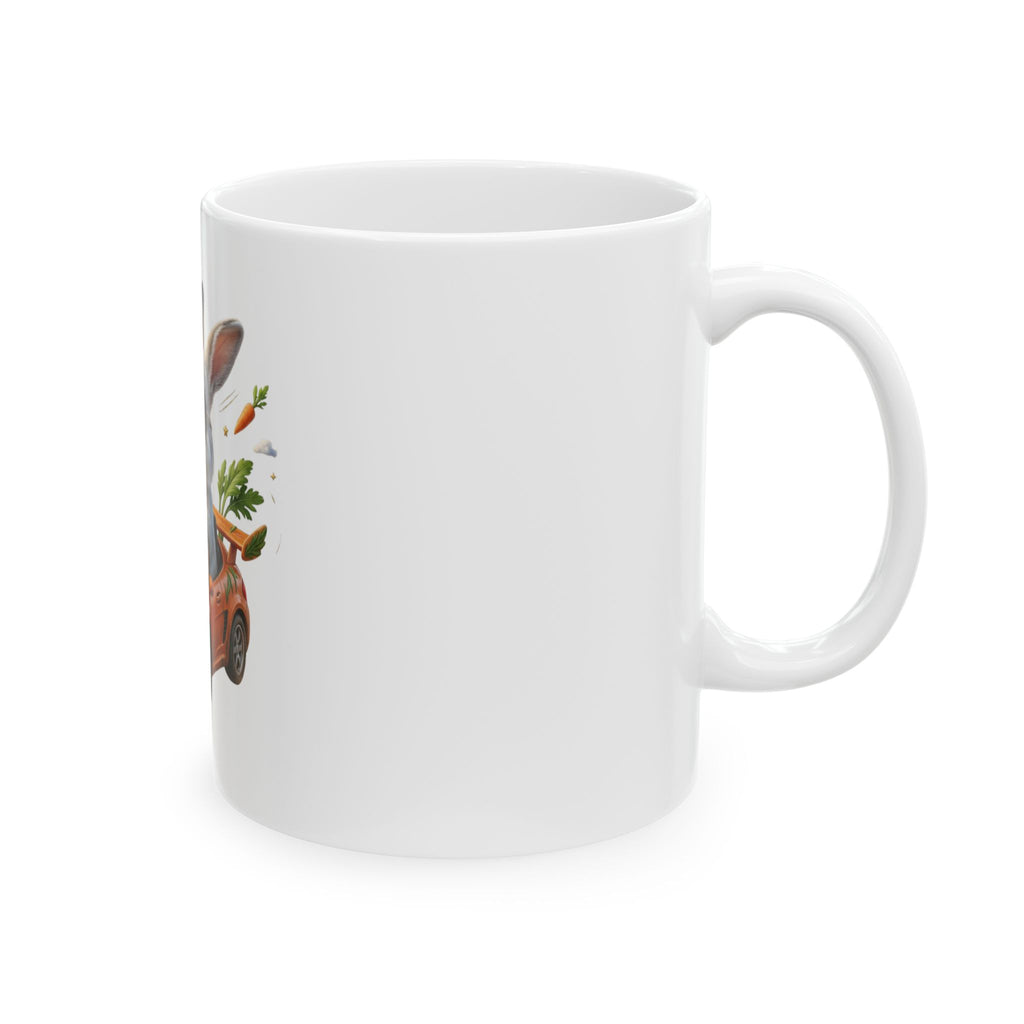 Bunny Driver Ceramic Mug — Cute Rabbit in Car with Carrots (11oz & 15oz)