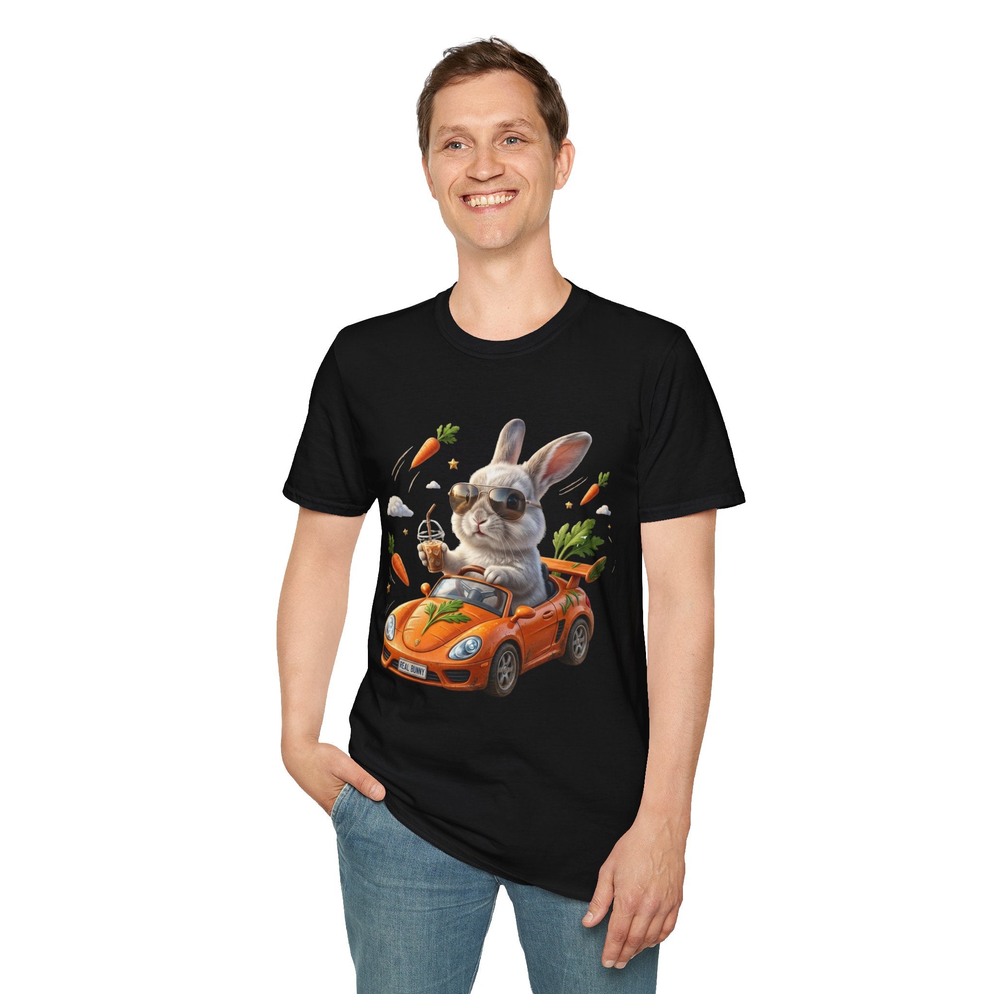 Bunny Driver T-Shirt — Cool Sunglasses Rabbit with Car & Carrots Graphic
