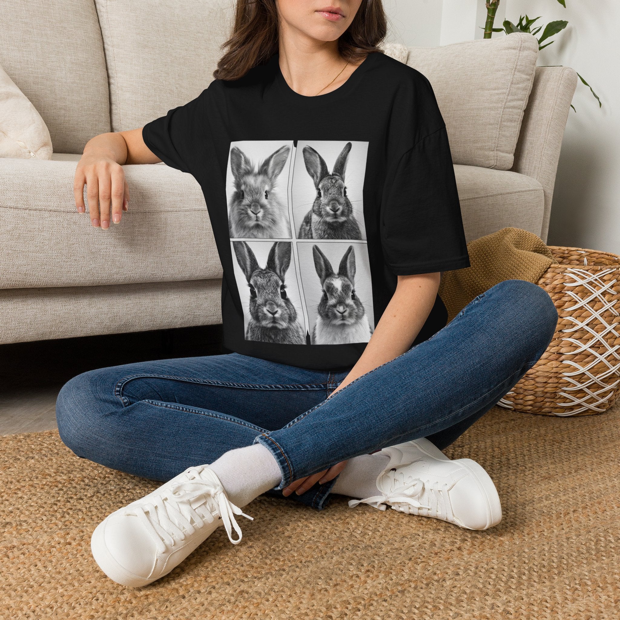 Rabbit Portrait T‑Shirt — Black & White Bunny Photo Grid Tee