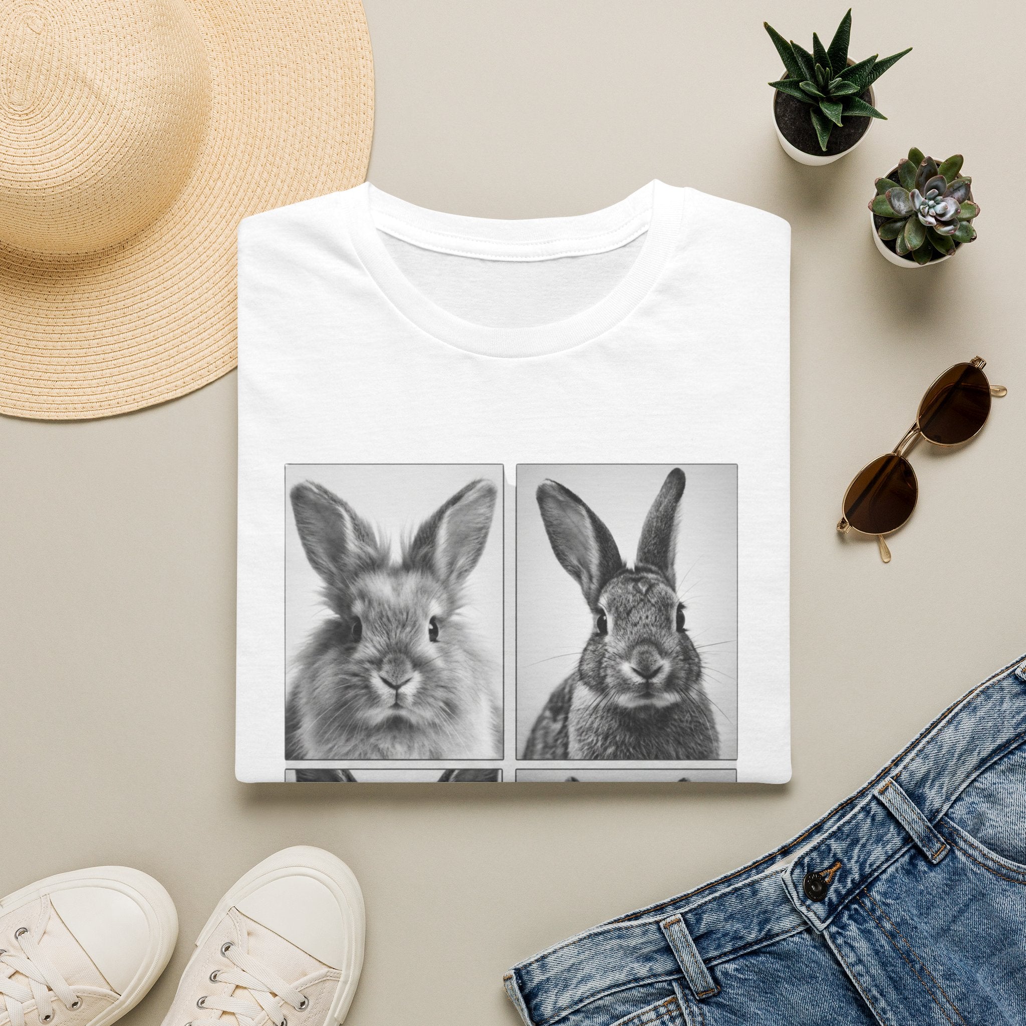 Rabbit Portrait T‑Shirt — Black & White Bunny Photo Grid Tee