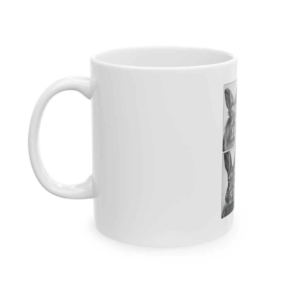 Bunny Portrait Ceramic Mug — Black & White Rabbit Collage (11oz/15oz)