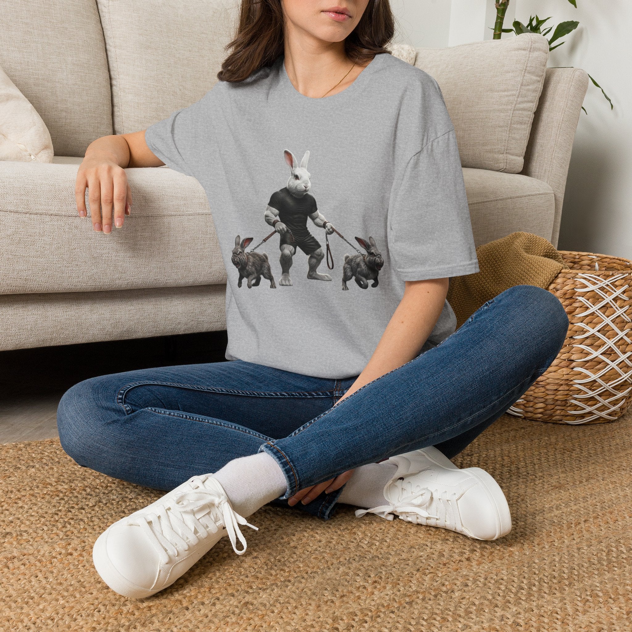 Bunny Dog Walker T-Shirt — Rabbit Leash Crew Graphic Tee