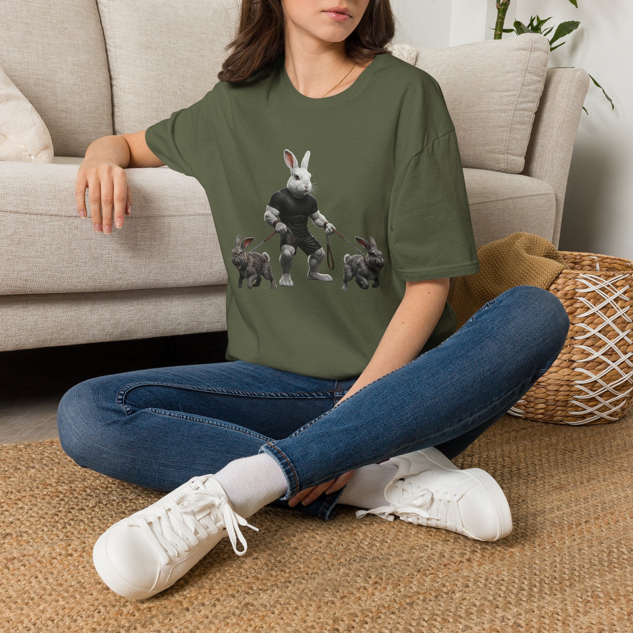 Bunny Dog Walker T-Shirt — Rabbit Leash Crew Graphic Tee